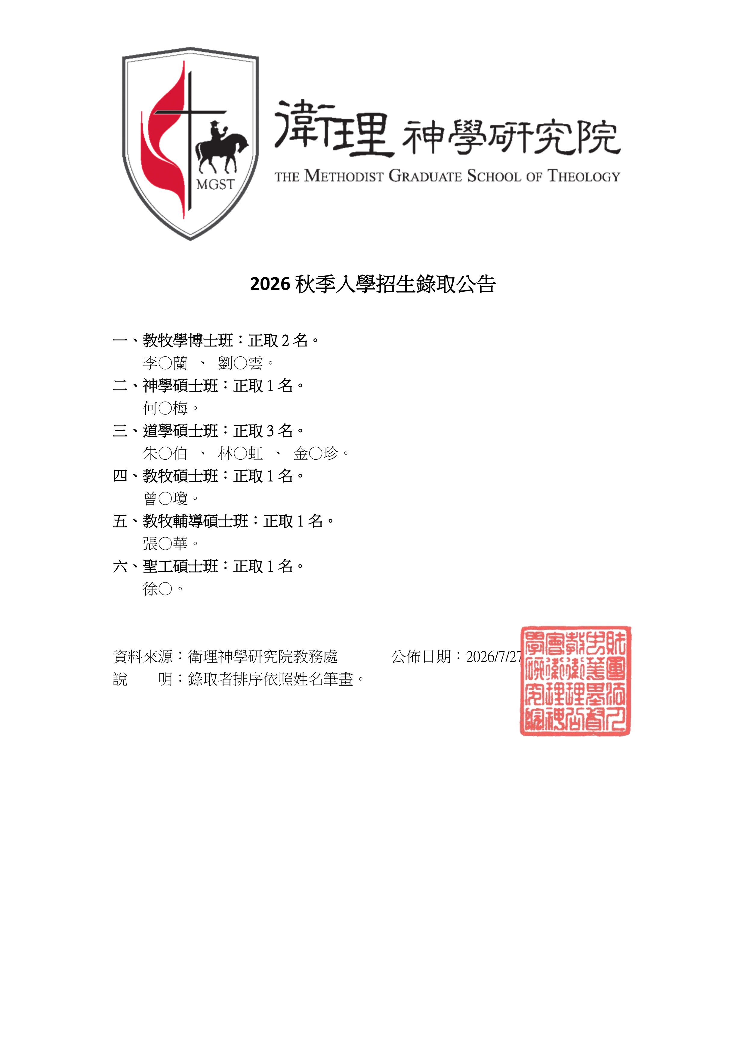 2026年秋季入學錄取公告